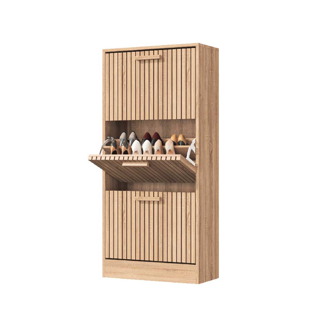 Schmaler Schuhschrank mit 3 Klappen in Holzoptik, platzsparender Flurschrank mit Lamellenfront