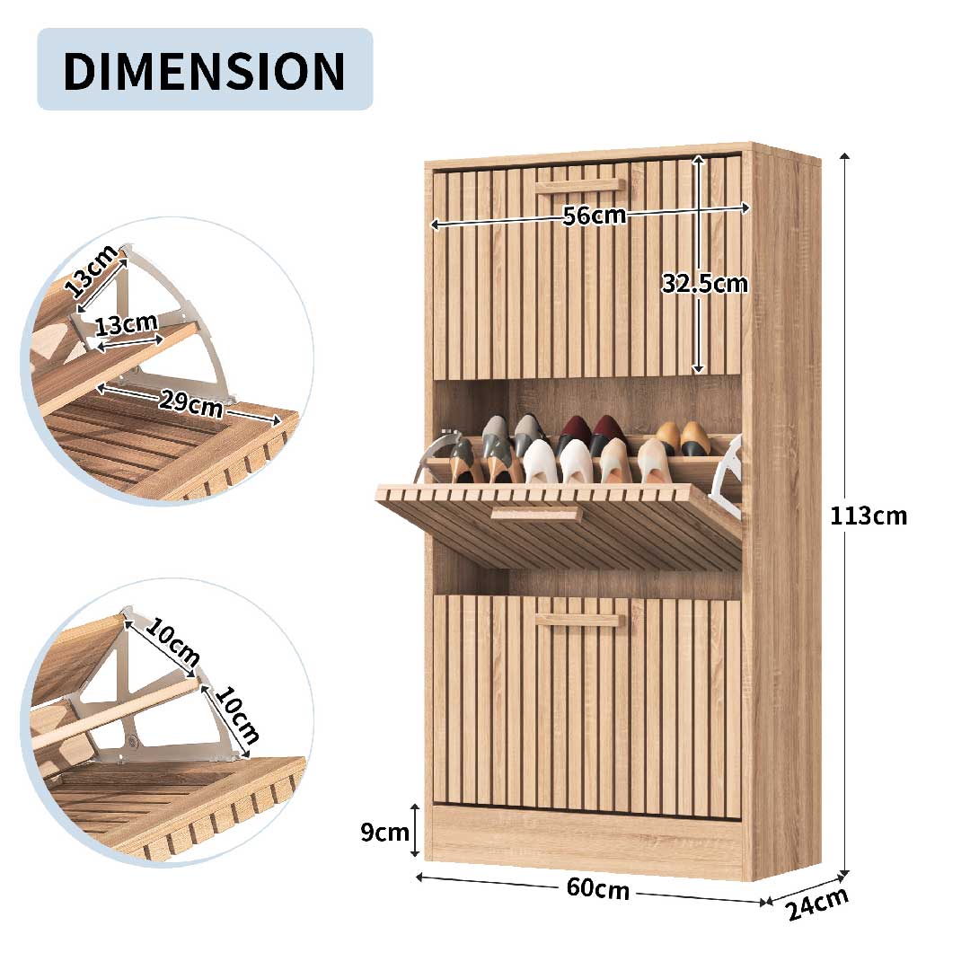 Maße des schmalen Schuhschranks 60×24×113 cm, ideal für kleine Flure und Eingangsbereiche
