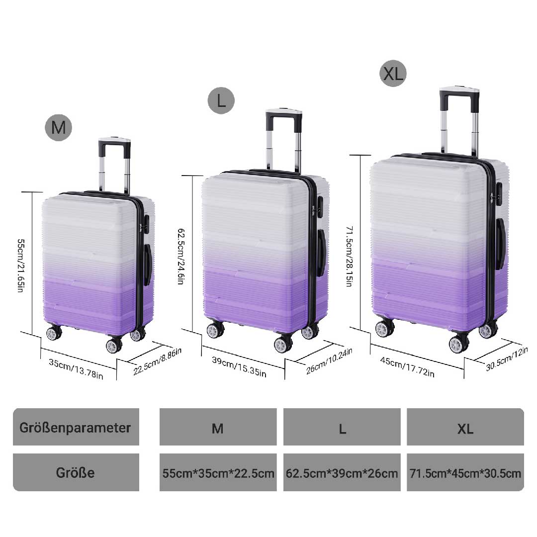 Größenübersicht des weiß-lila Koffersets mit Maßen für M, L und XL