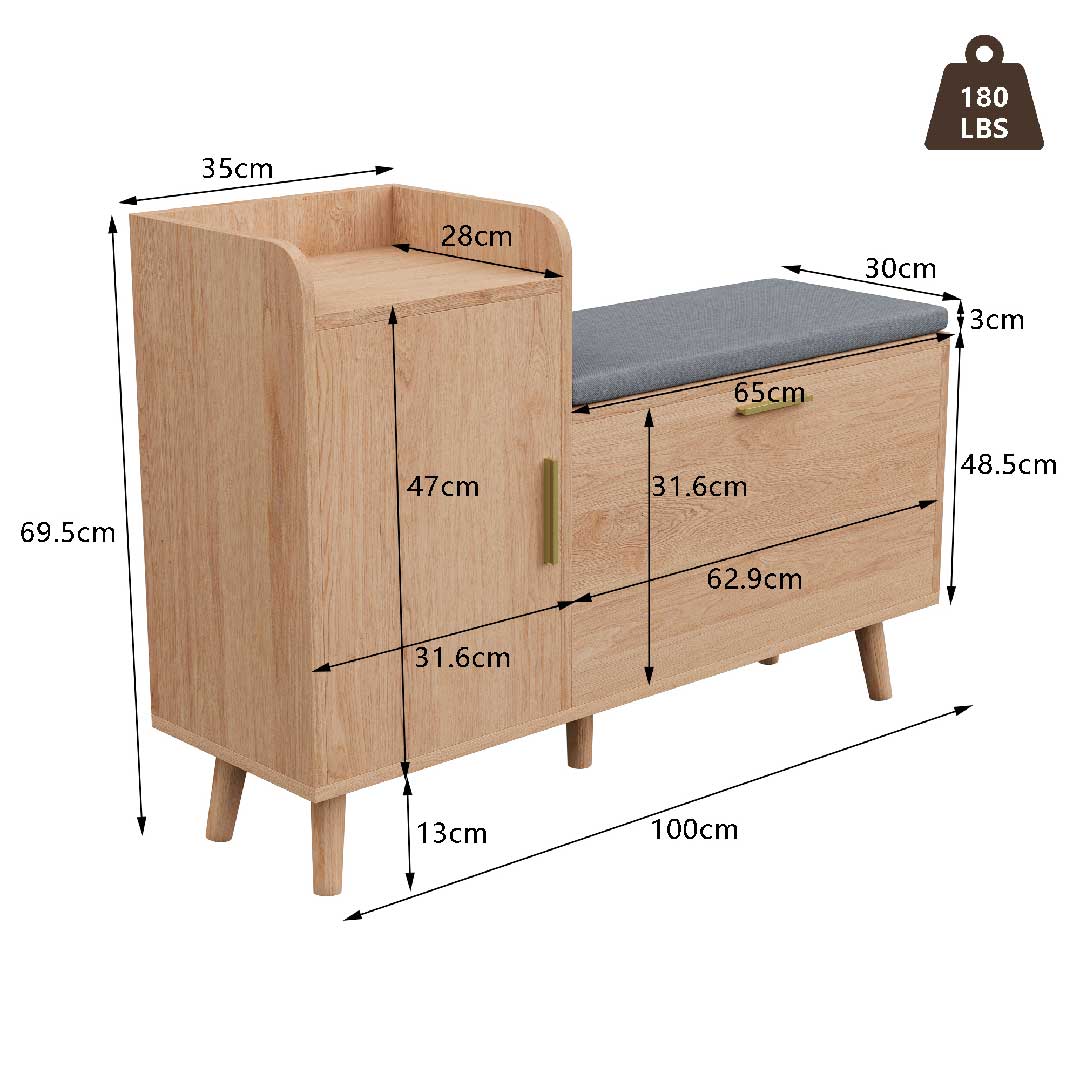 Maße des Yelenaro Schuhschranks mit Sitzbank 100 cm, kompakte Holz Schuhbank für Flur und Eingang