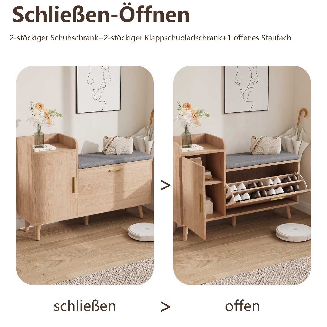 Schuhschrank mit Sitzbank geschlossen und geöffnet, Klappschuhfach für schnellen Zugriff auf Schuhe