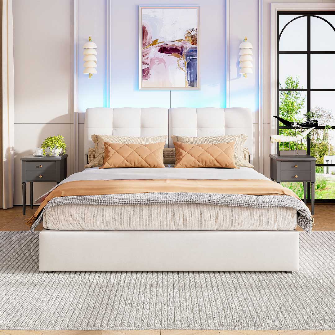 Yelenaro Polsterbett mit Stauraum aus Samt in Cremeweiß – modernes Doppelbett mit gepolstertem Kopfteil