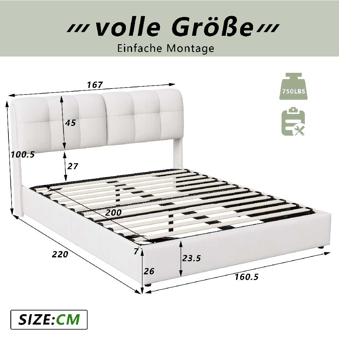 Yelenaro Samt-Polsterbett mit Stauraum – Maßzeichnung 160x200 cm, hydraulisches Doppelbett