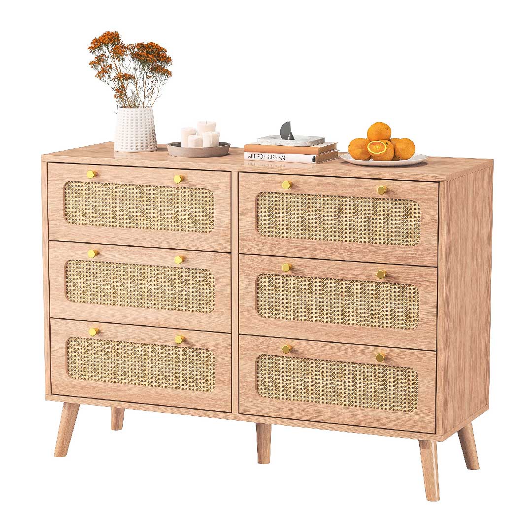 Yelenaro Sideboard aus Holz und Rattan mit 6 Schubladen, großzügiger Stauraum, modernes Naturdesign für Wohn- oder Schlafzimmer