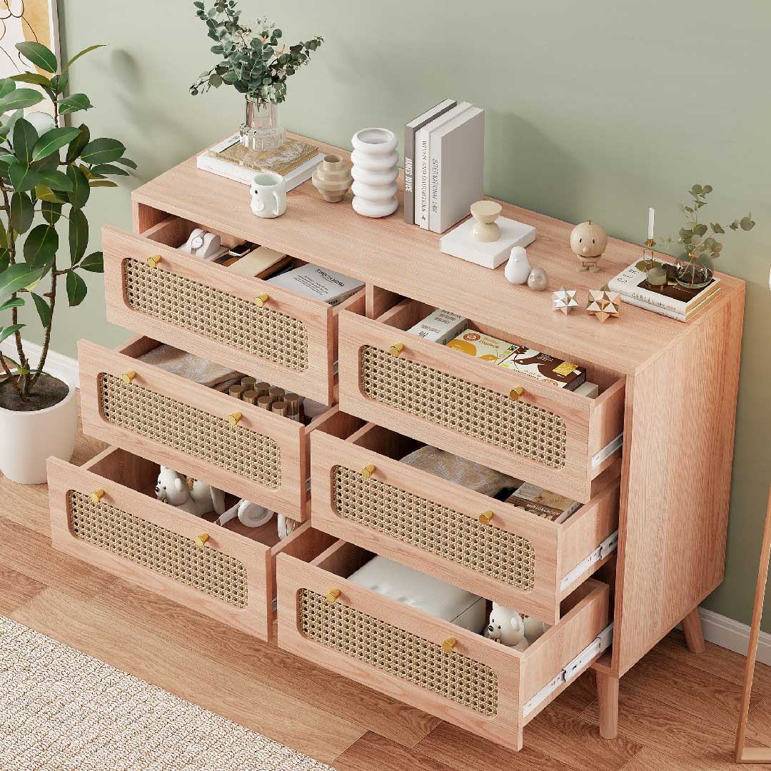 Yelenaro Rattan Kommode 100 cm mit 6 Schubladen, Holz Sideboard, Modern & Natürlich