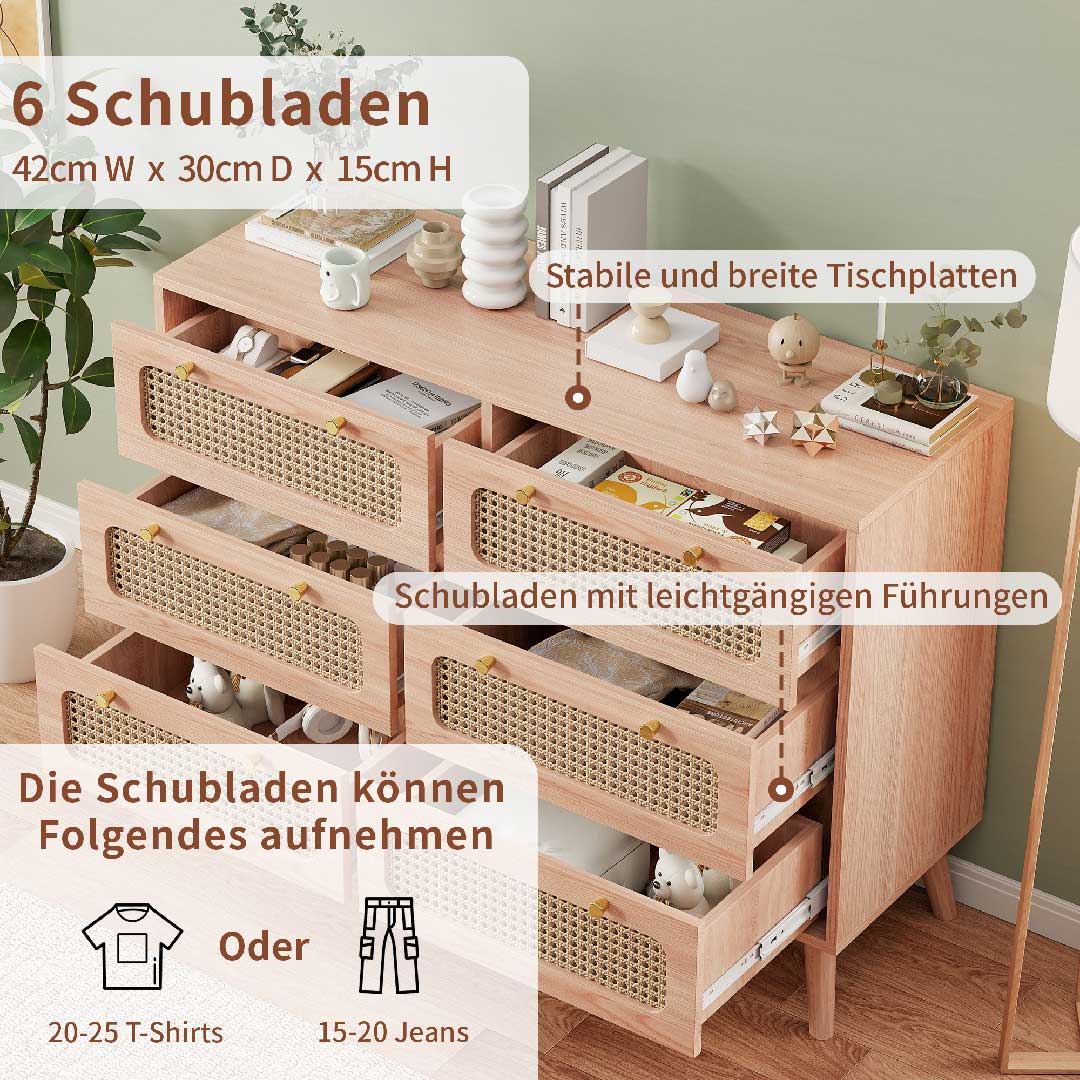 Yelenaro Rattan Kommode 100 cm mit 6 Schubladen, Holz Sideboard, Modern & Natürlich