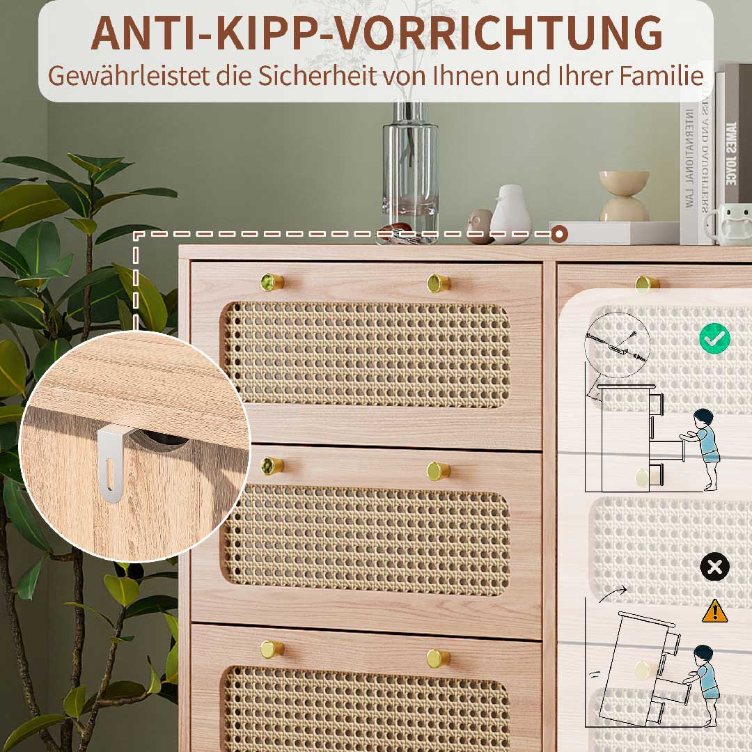 Yelenaro Rattan Kommode 100 cm mit 6 Schubladen, Holz Sideboard, Modern & Natürlich