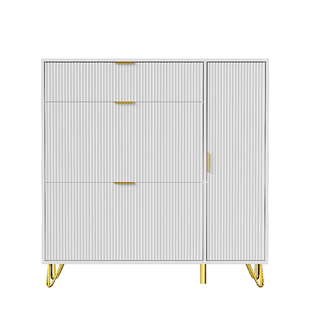 Schmaler Yelenaro Schuhschrank in Weiß mit 3 Klappen und Seitentür, 110 cm breit und 24 cm tief