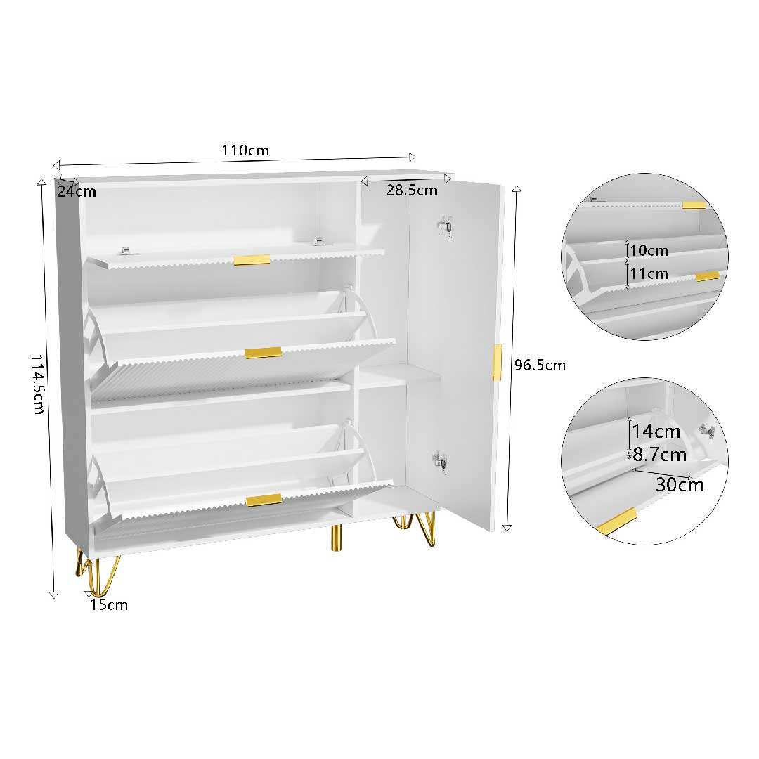 Maße des Yelenaro Schuhschranks – 110 × 24 × 120 cm, ideal für schmale Flure