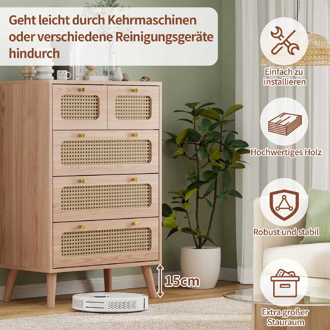 Yelenaro Rattan Kommode mit 5 Schubladen, Holz Sideboard, 60×34×91 cm