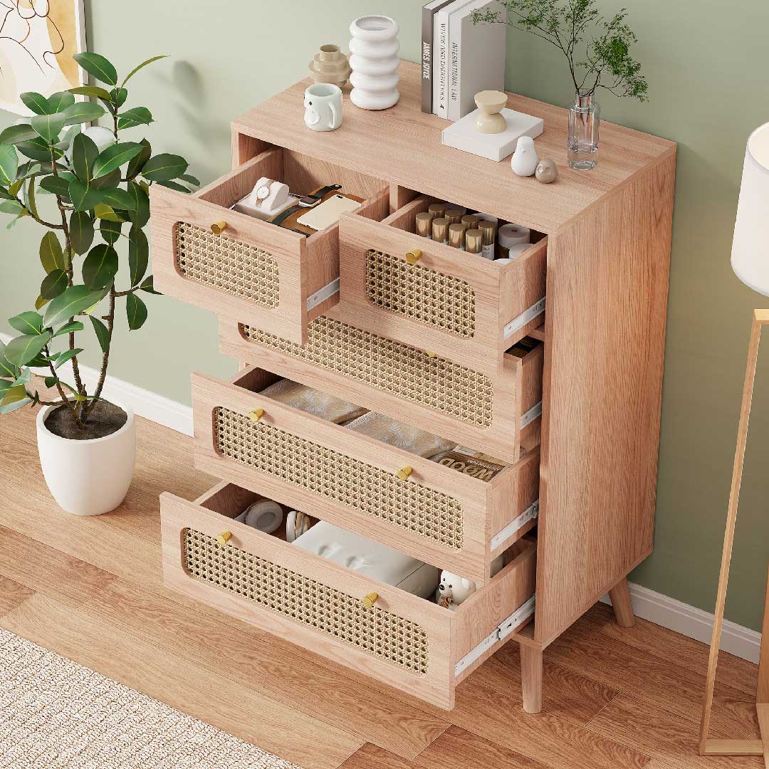 Yelenaro Rattan Kommode mit 5 Schubladen, Holz Sideboard, 60×34×91 cm