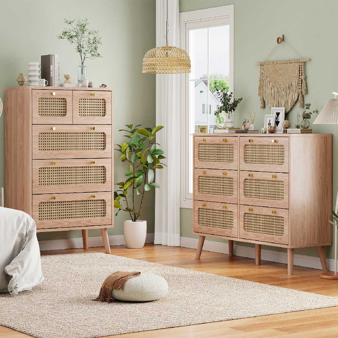 Yelenaro Rattan Kommode mit 5 Schubladen, Holz Sideboard, 60×34×91 cm