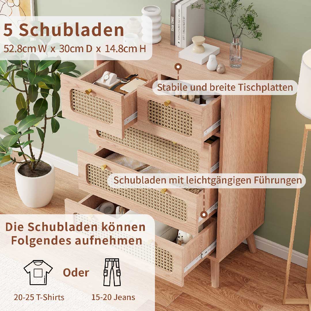 Yelenaro Rattan Kommode mit 5 Schubladen, Holz Sideboard, 60×34×91 cm