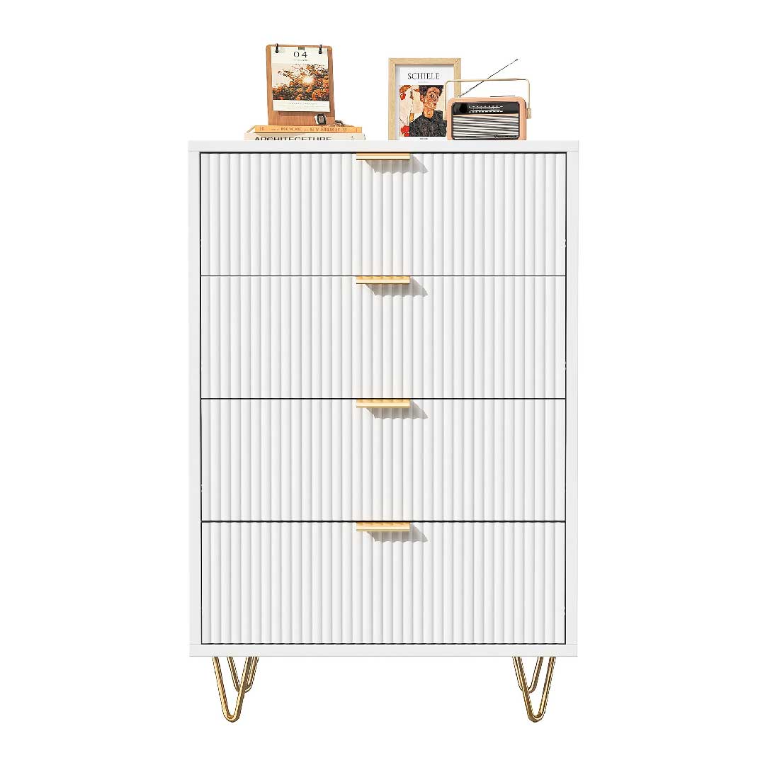 Weiße Yelenaro Kommode mit 4 Schubladen im modernen Rillen-Design, freistehendes Sideboard mit goldenen Metallfüßen