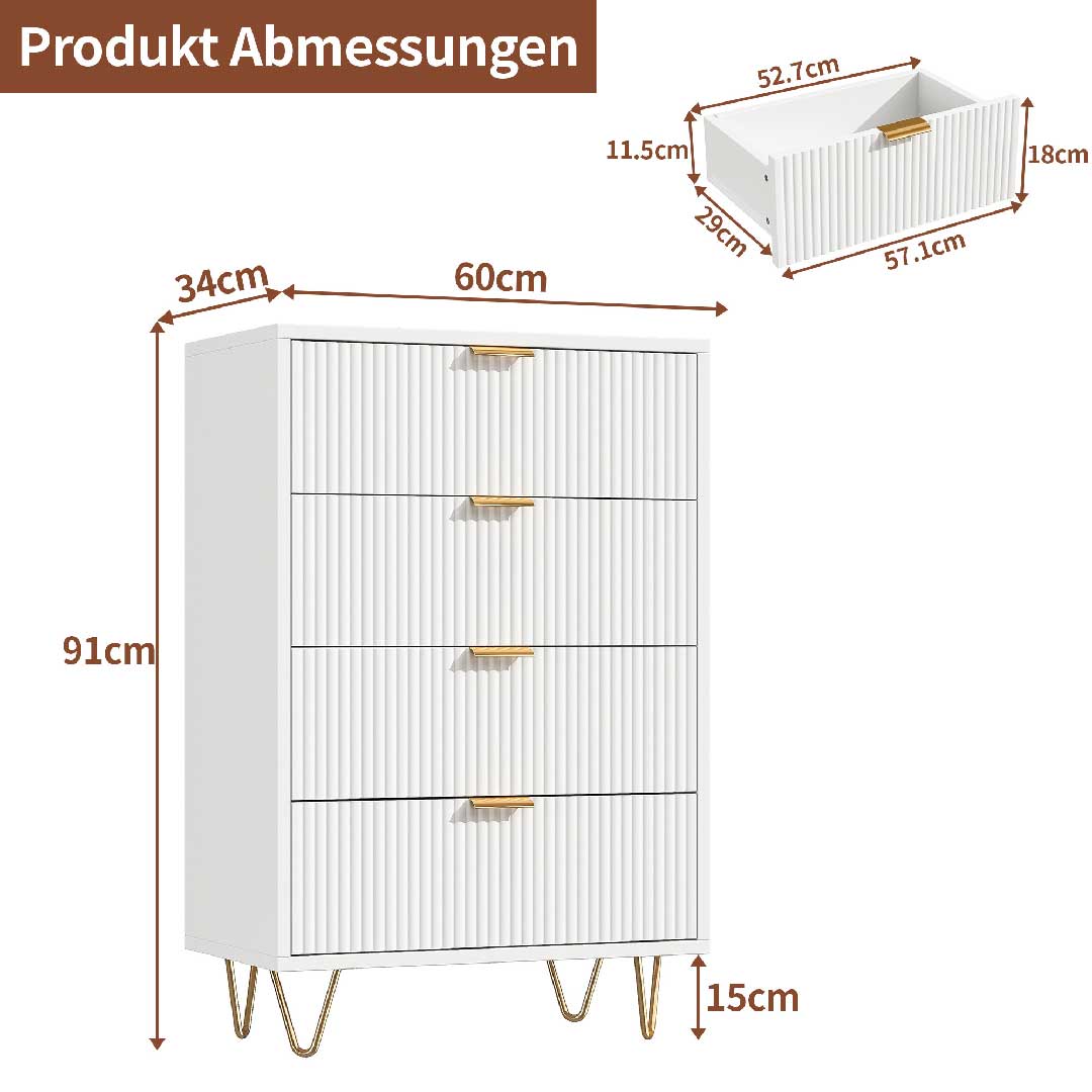 Maßangaben der Yelenaro Kommode mit 4 Schubladen, kompakte Abmessungen ideal für kleine Räume
