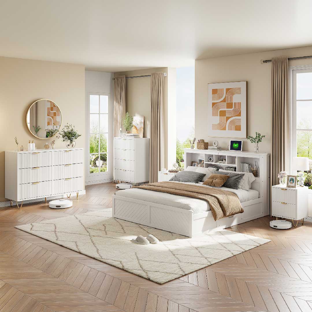 Moderne Schlafzimmer-Einrichtung mit Yelenaro Kommode Weiß im Rillen-Design, harmonisch kombiniert mit weiteren Möbeln