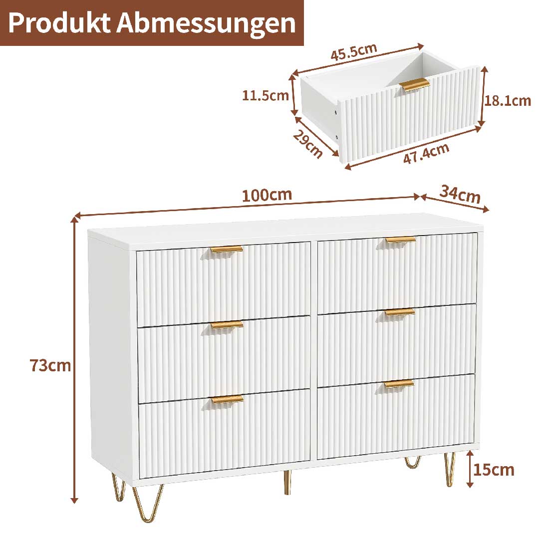 Produktabmessungen der Yelenaro Kommode Weiß mit 6 Schubladen, Maße und Schubladengröße übersichtlich dargestellt