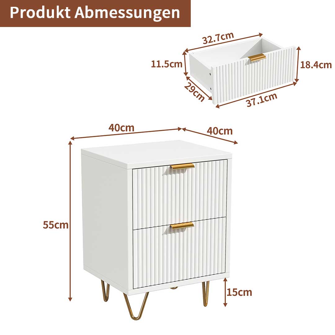 YELENARO Sängbord 2-pack för kontinentalsäng – Vit & Guld, 2 lådor