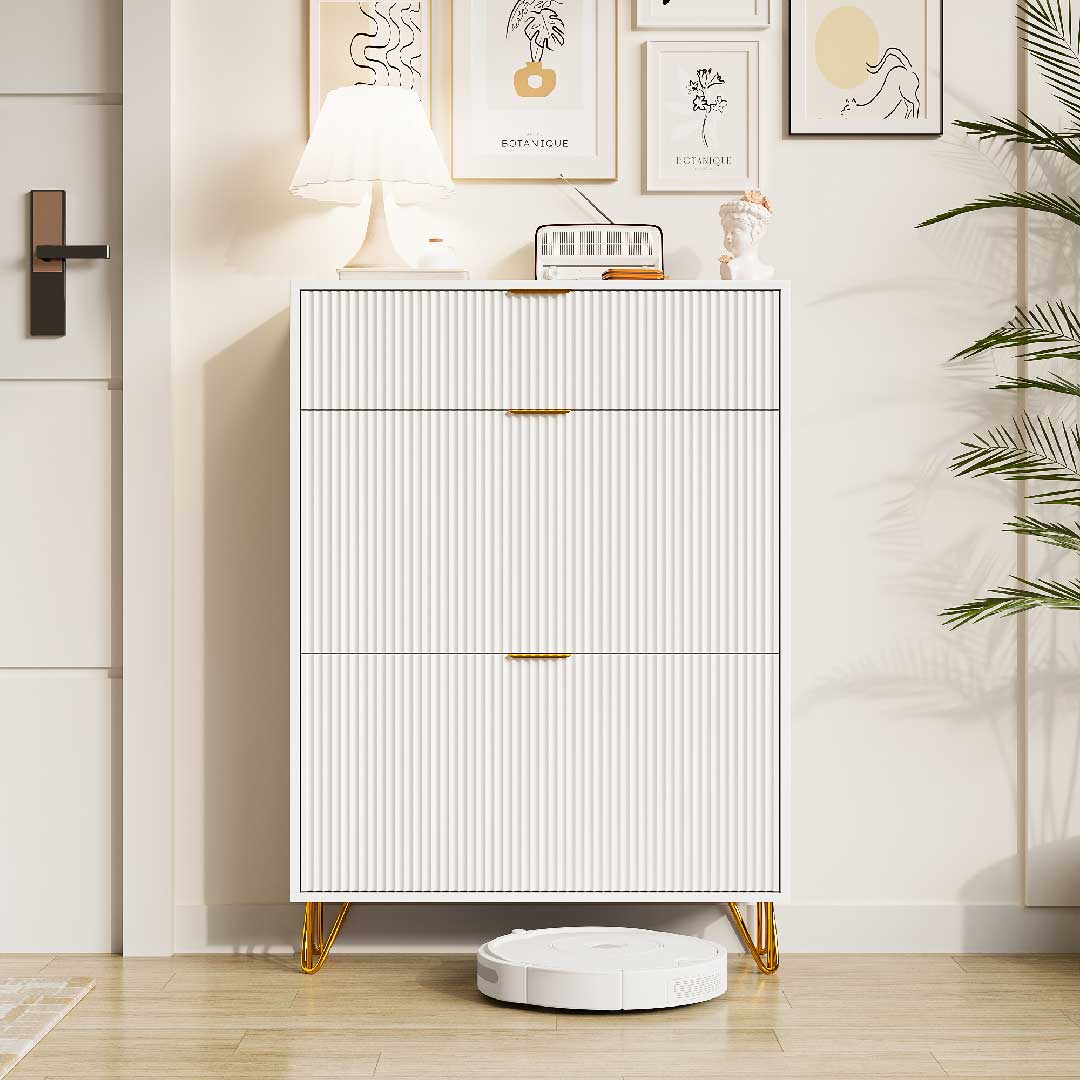 Yelenaro Schuhschrank 80 cm mit 2 Klappen in Weiß – schmaler Schuhkipper im Flur mit Saugroboter