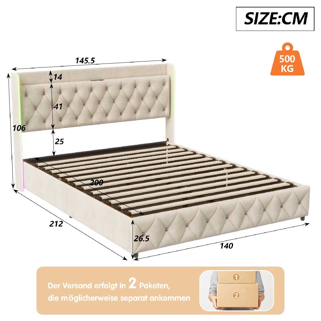 Abmessungen des Yelenaro Stauraumbetts 140x200 cm – hydraulisches Ottoman Bettgestell mit LED-Beleuchtung, USB-Anschluss und 500 kg Tragkraft.