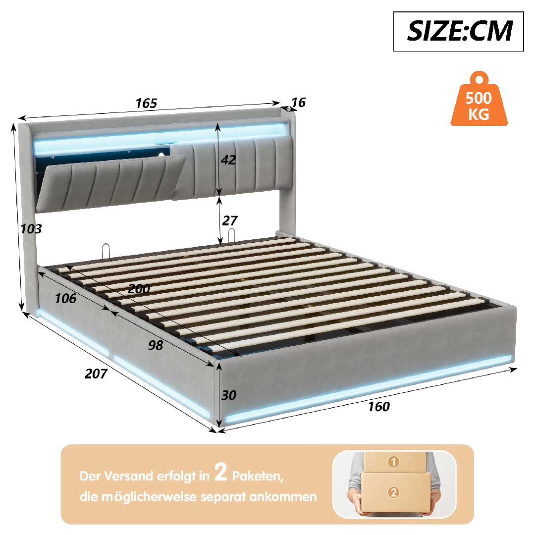 Yelenaro Polsterbett mit LED, Stauraum & USB-Ladestation – Samtbett mit Gaslift & Storage-Kopfteil (Mehrere Größen & Farben)