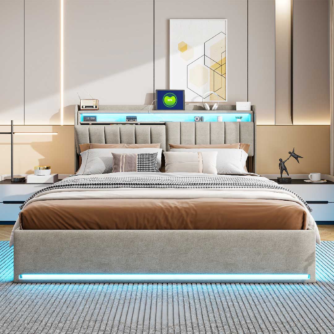 Yelenaro Polsterbett mit LED, Stauraum & USB-Ladestation – Samtbett mit Gaslift & Storage-Kopfteil (Mehrere Größen & Farben)