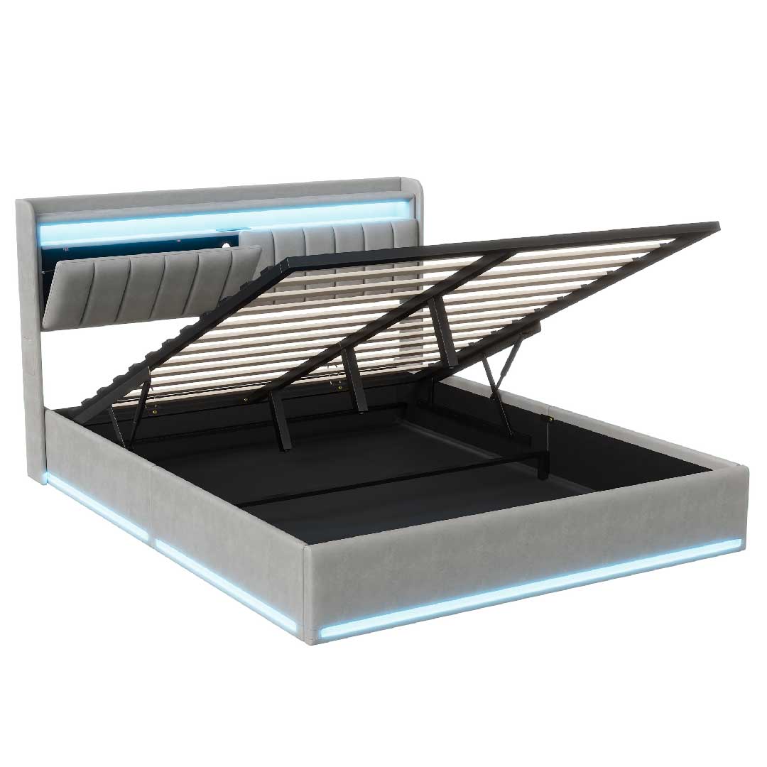 Yelenaro Polsterbett mit LED, Stauraum & USB-Ladestation – Samtbett mit Gaslift & Storage-Kopfteil (Mehrere Größen & Farben)