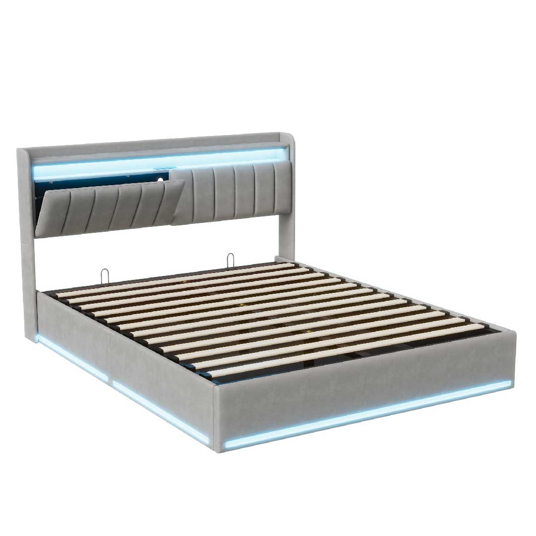 Yelenaro Polsterbett mit LED, Stauraum & USB-Ladestation – Samtbett mit Gaslift & Storage-Kopfteil (Mehrere Größen & Farben)