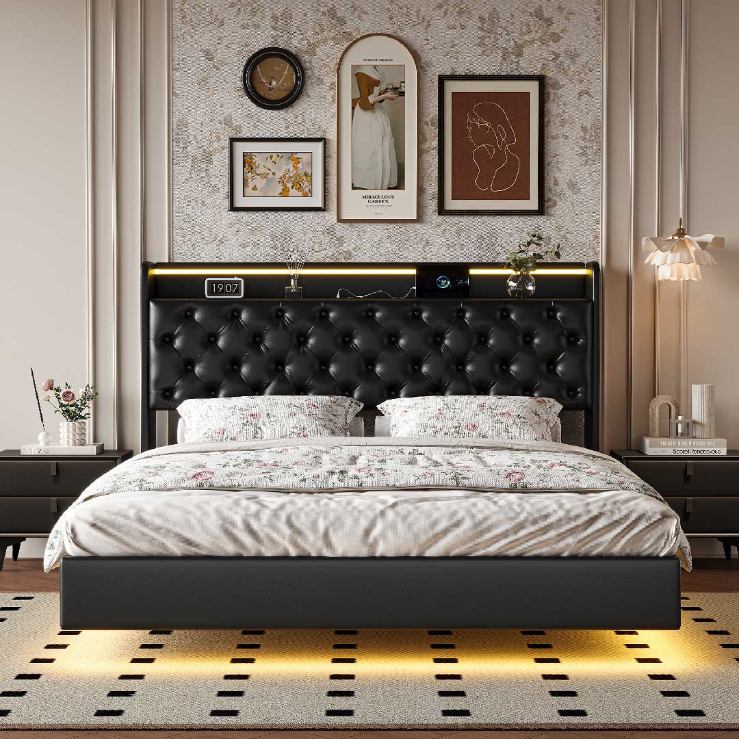 Yelenaro LED Polsterbett mit Stauraum und USB Ladestation im modernen Schlafzimmer