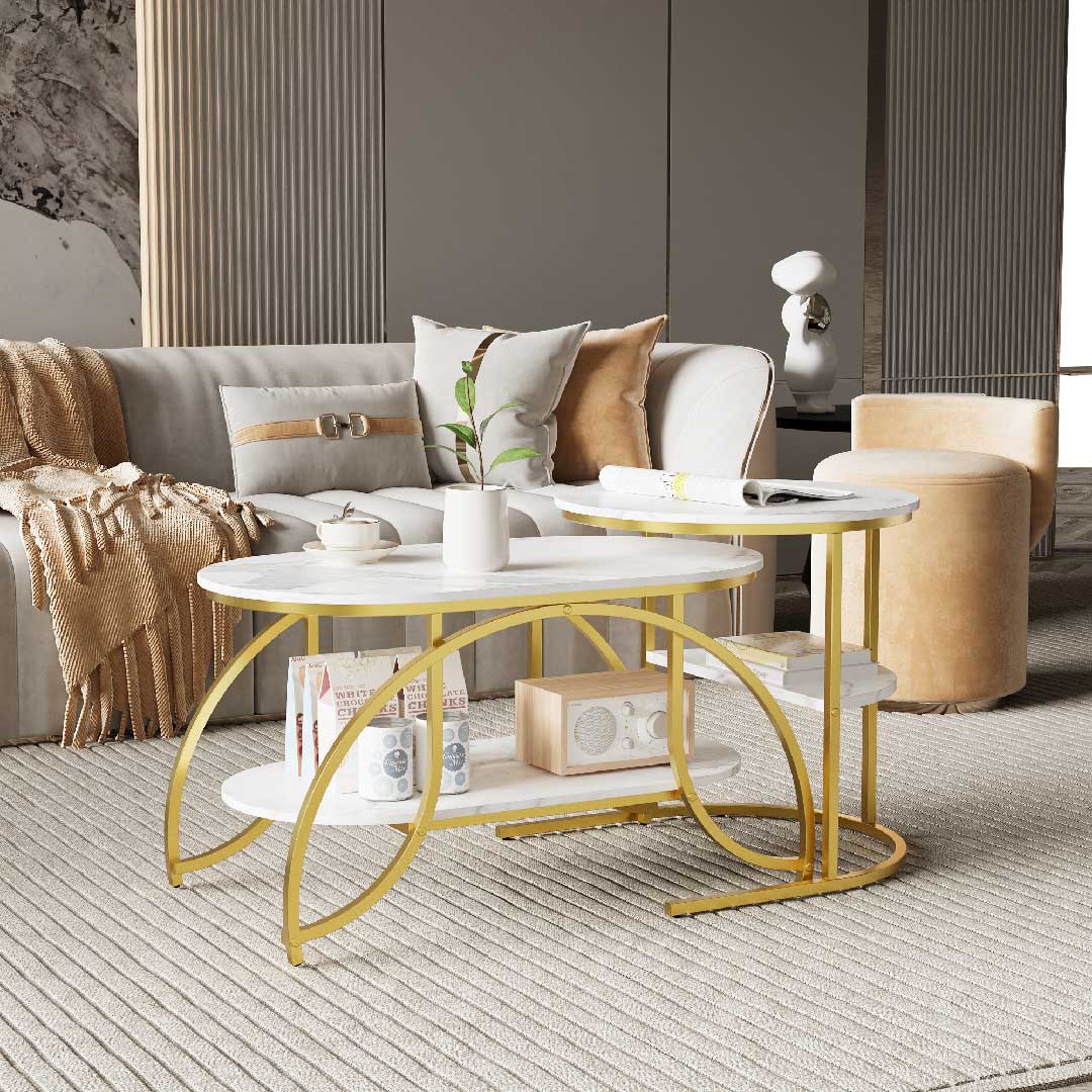 Yelenaro Couchtisch 2er Set Oval Marmoroptik – Gold Wohnzimmertisch mit Stauraum