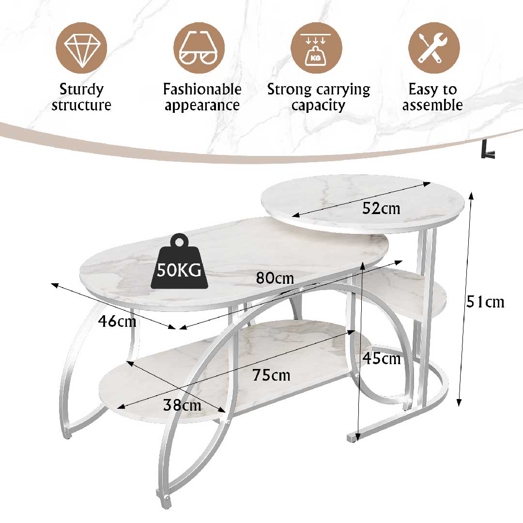 Yelenaro Couchtisch 2er Set Oval Marmoroptik – Gold Wohnzimmertisch mit Stauraum