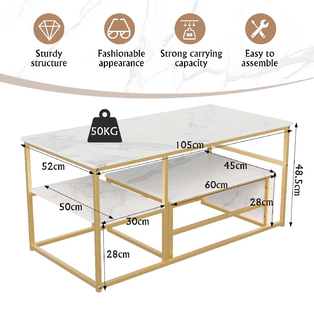 Yelenaro Couchtisch 2er Set Rechteckig – Marmoroptik Gold mit Stauraum