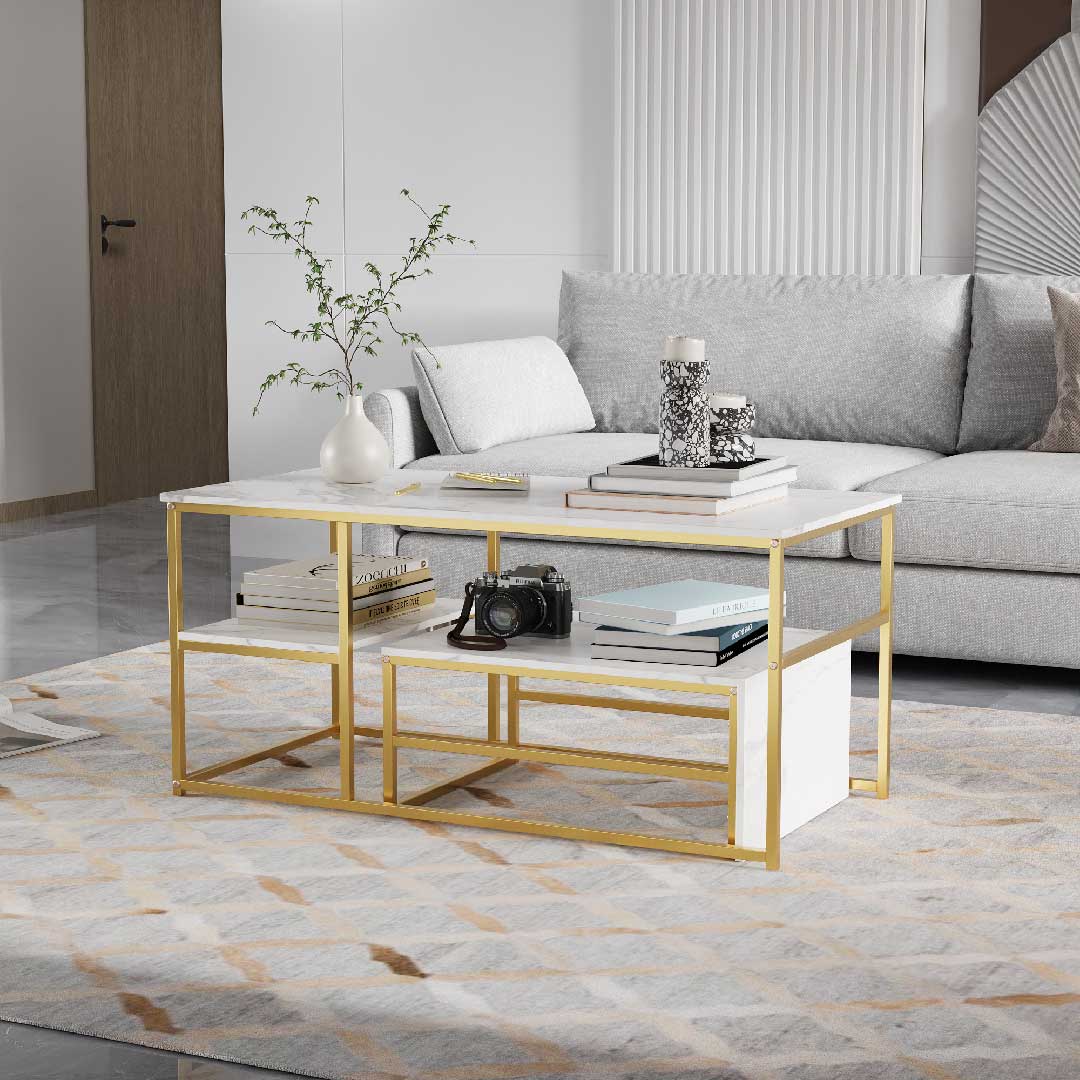 Yelenaro Couchtisch 2er Set Rechteckig – Marmoroptik Gold mit Stauraum