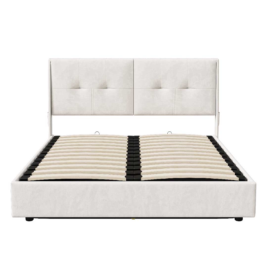 Yelenaro Samt Polsterbett 140/160x200 cm in Beige mit gepolstertem Kopfteil und stabilem Lattenrost