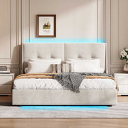Beiges Polsterbett 140/160x200 cm mit LED-Licht und gepolstertem Kopfteil von Yelenaro