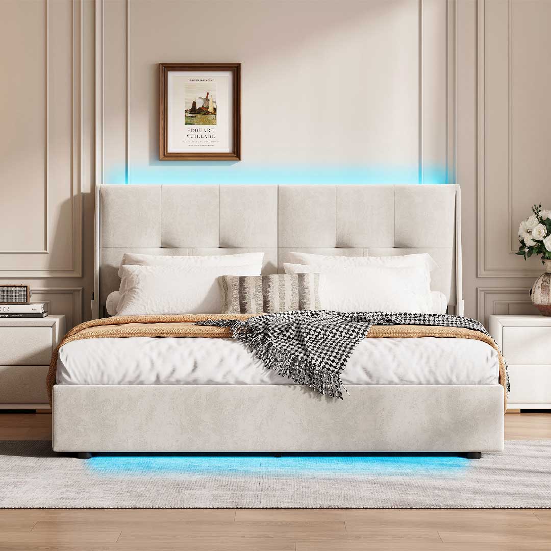 Beiges Polsterbett 140/160x200 cm mit LED-Licht und gepolstertem Kopfteil von Yelenaro