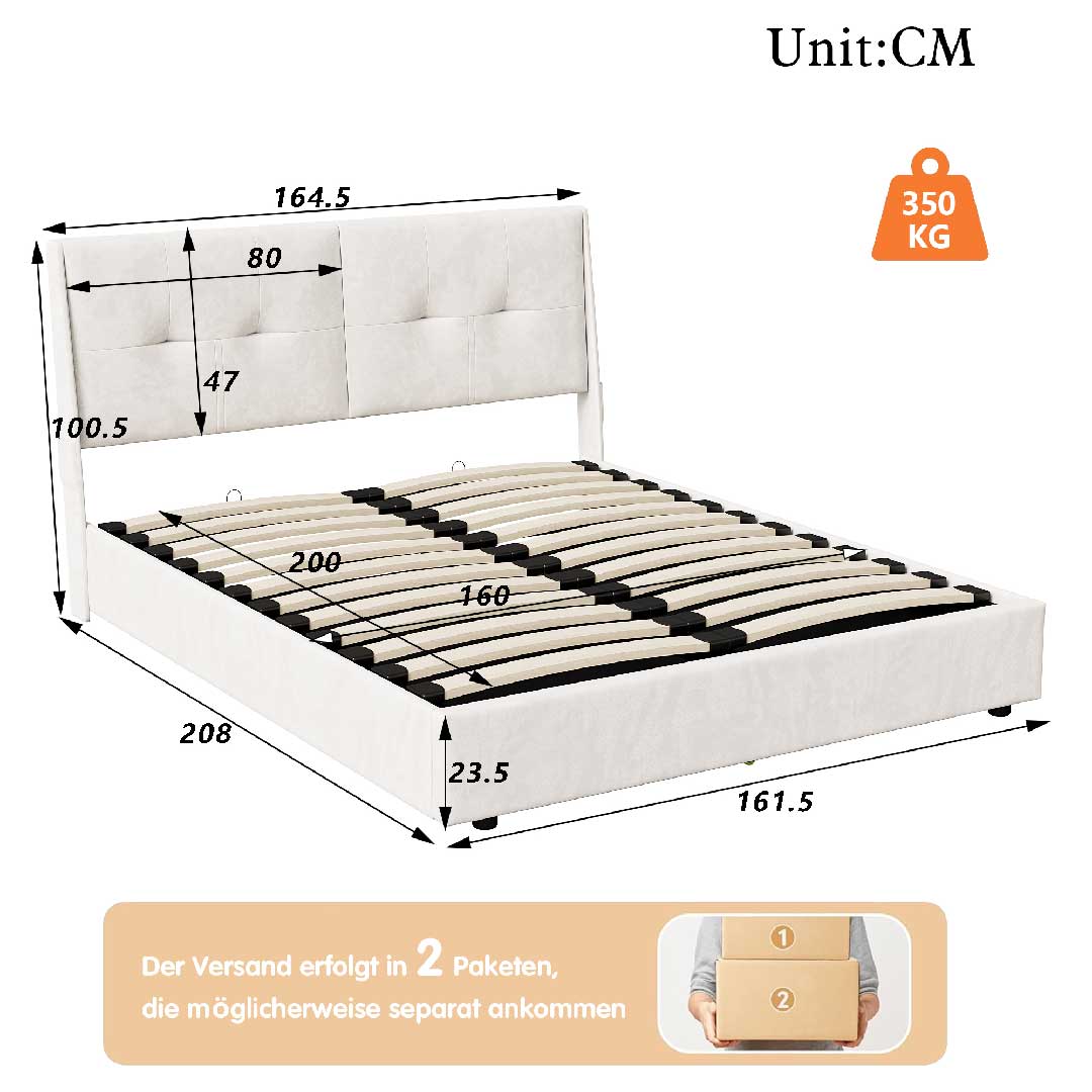 Yelenaro Polsterbett 160x200 cm Beige – Abmessungen, Tragkraft bis 350 kg und stabile Konstruktion