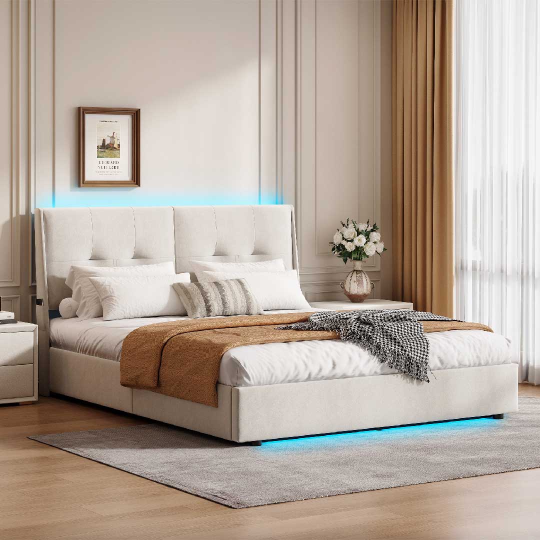 Beiges Samt Polsterbett mit LED-Beleuchtung und Stauraum von Yelenaro im modernen Schlafzimmer
