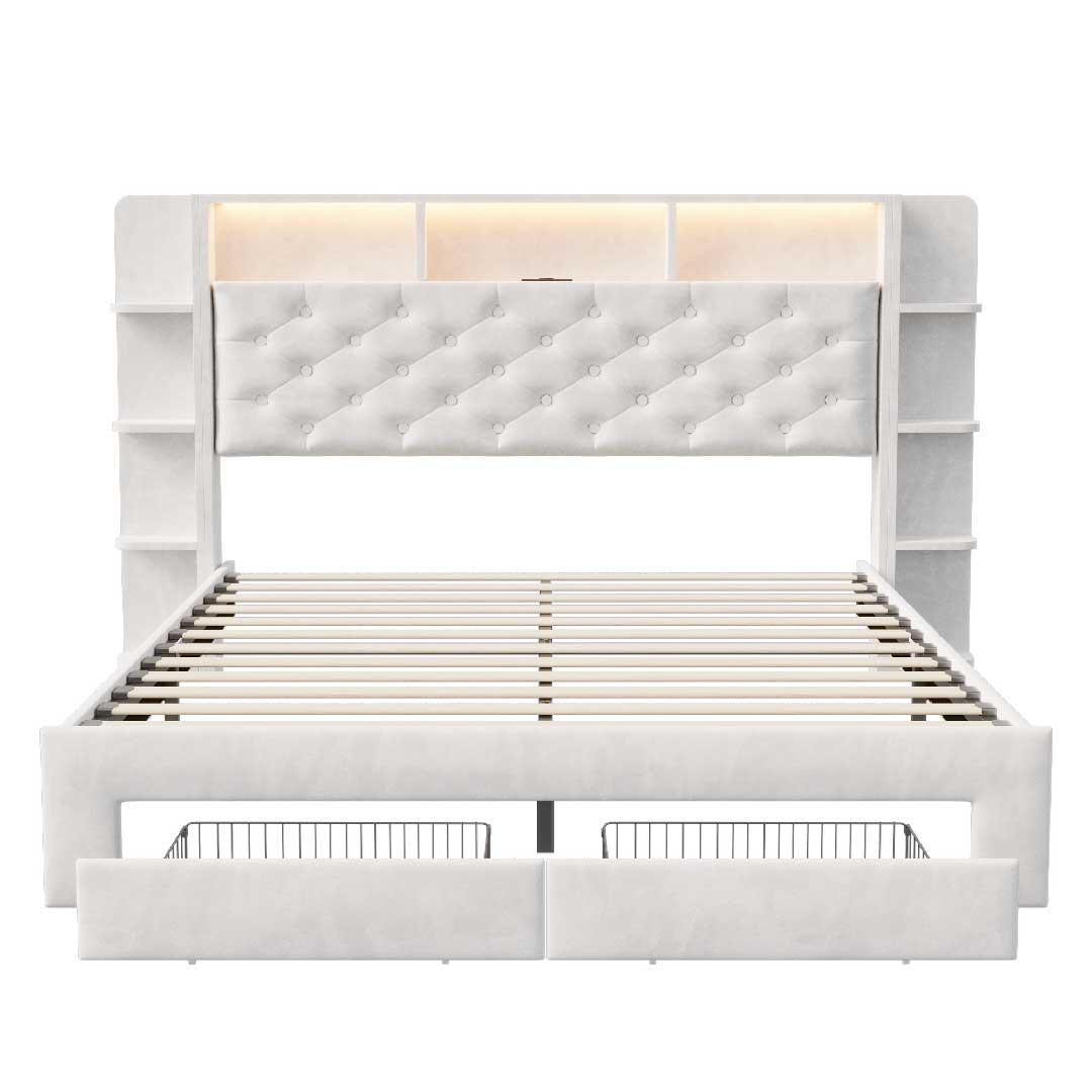Yelenaro Polsterbett mit LED, USB und Regalfächern – gepolstertes Kopfteil, Stauraum und modernes Schlafzimmerdesign