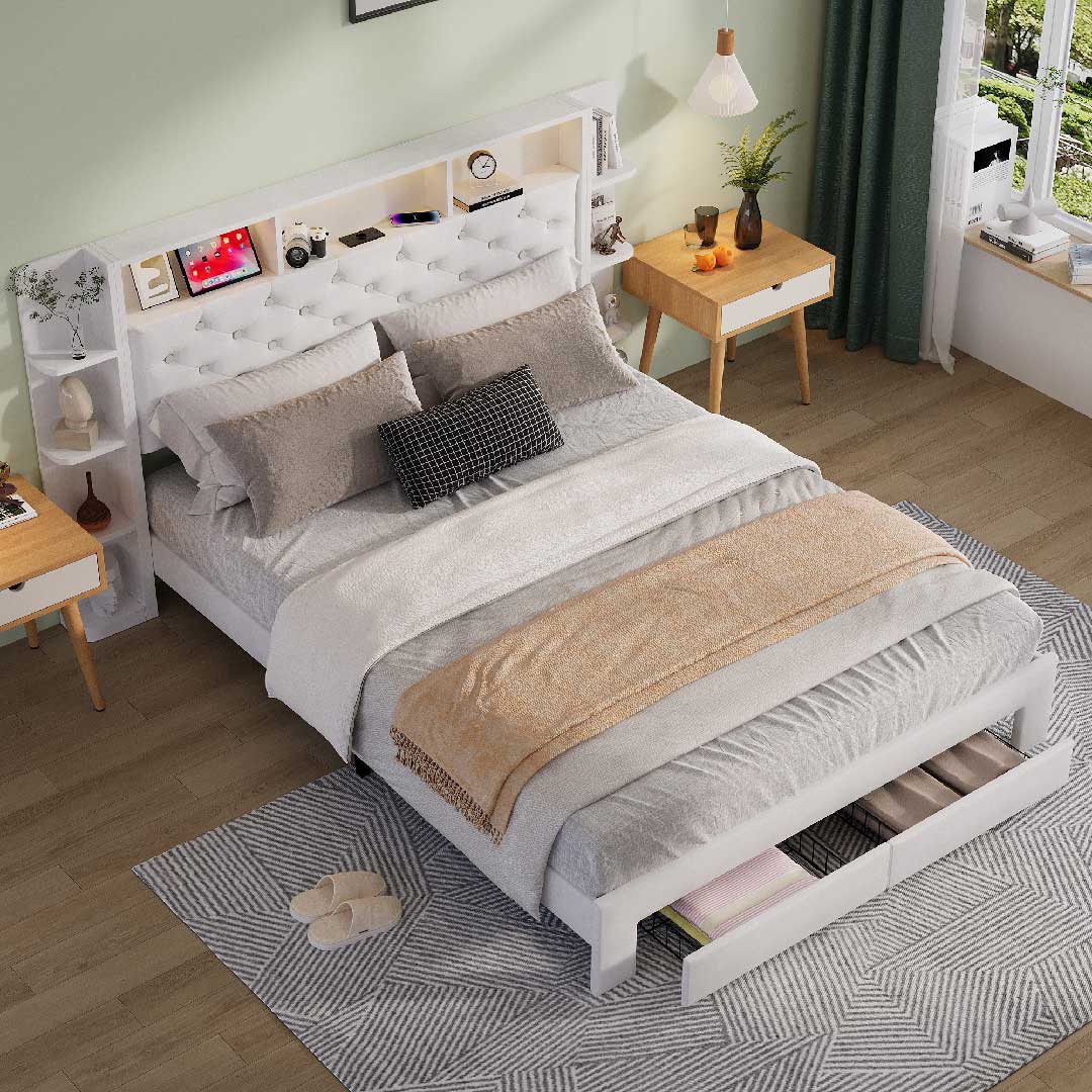 Modernes Yelenaro Samt-Polsterbett mit LED und Stauraum im hellen Schlafzimmer – Kopfteil mit Regal und Schubladen