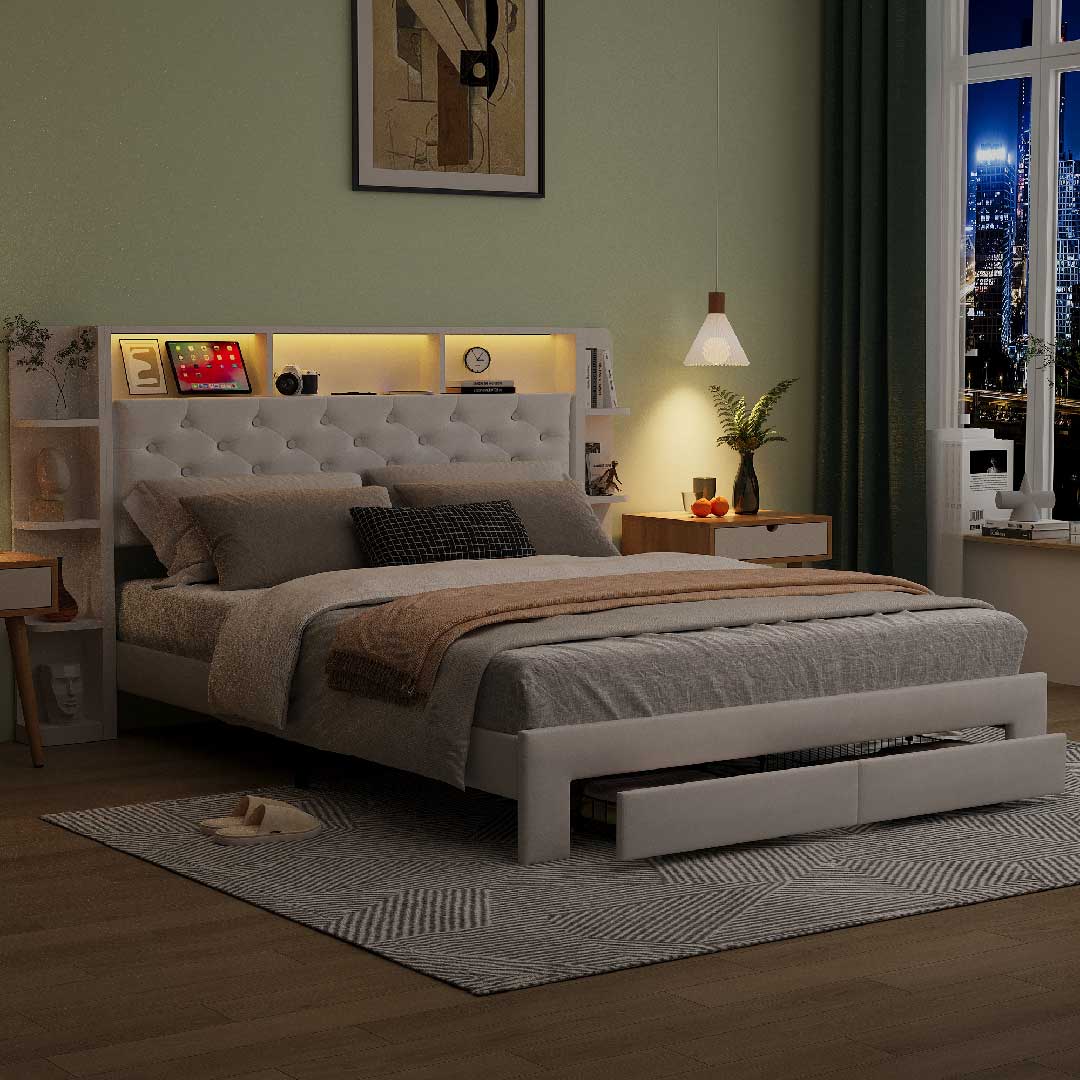 Yelenaro Polsterbett mit LED-Beleuchtung im Schlafzimmer bei Nacht – warmes Licht, Stauraum und modernes Design