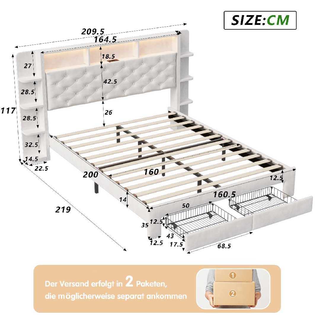 Yelenaro Polsterbett 160×200 cm mit LED, USB und Stauraum – detaillierte Maßzeichnung mit Schubladen und Kopfteil