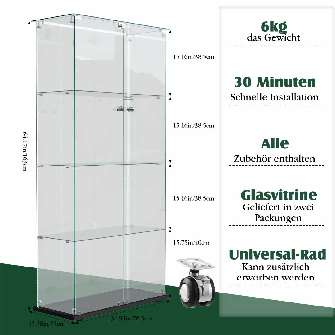 Yelenaro Glasskåp 163×80×35 cm – LED Samlarskåp i glas med dörrar & lås