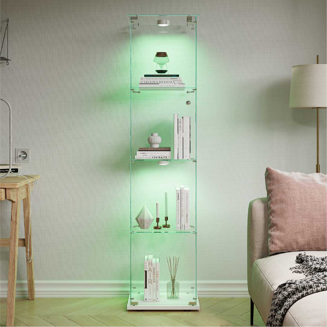 Yelenaro Glasvitrin med LED – Vitrinskåp 163 cm, 4 hyllplan, med lås