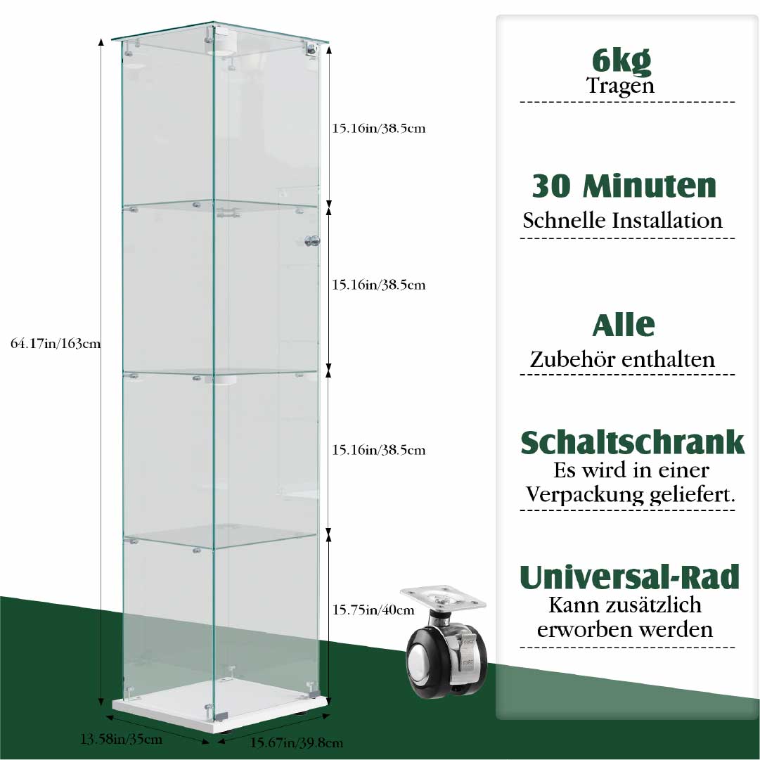 Yelenaro Glasvitrin med LED – Vitrinskåp 163 cm, 4 hyllplan, med lås