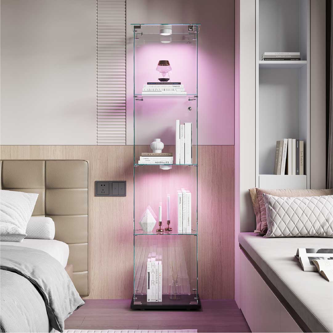 Yelenaro Glasvitrin med LED – Vitrinskåp 163 cm, 4 hyllplan, med lås