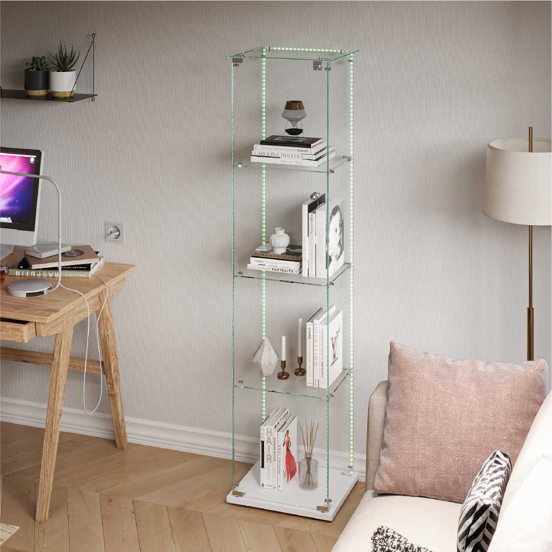 Yelenaro Glasvitrin med LED – Vitrinskåp 163 cm, 4 hyllplan, med lås