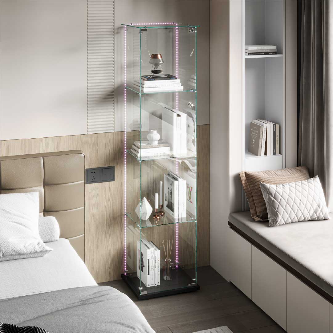 Yelenaro Glasvitrin med LED – Vitrinskåp 163 cm, 4 hyllplan, med lås