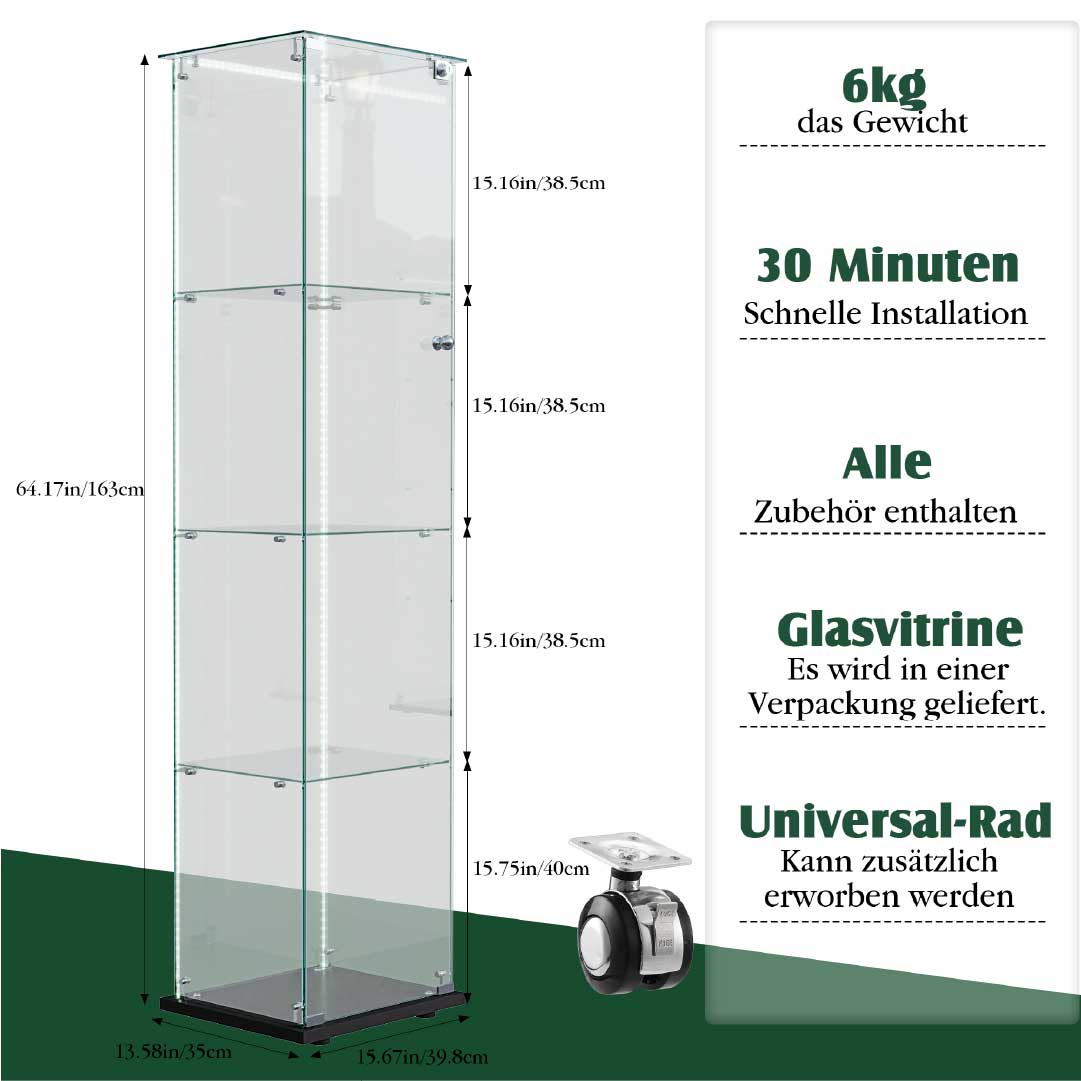 Yelenaro Glasvitrin med LED – Vitrinskåp 163 cm, 4 hyllplan, med lås