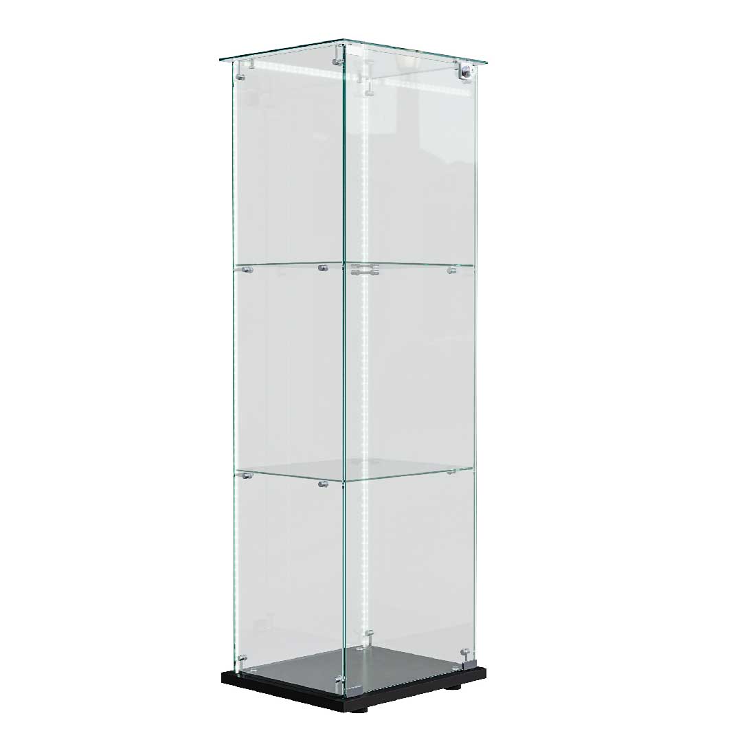 Schwarze Glasvitrine mit LED-Beleuchtung, abschließbare Standvitrine aus Glas